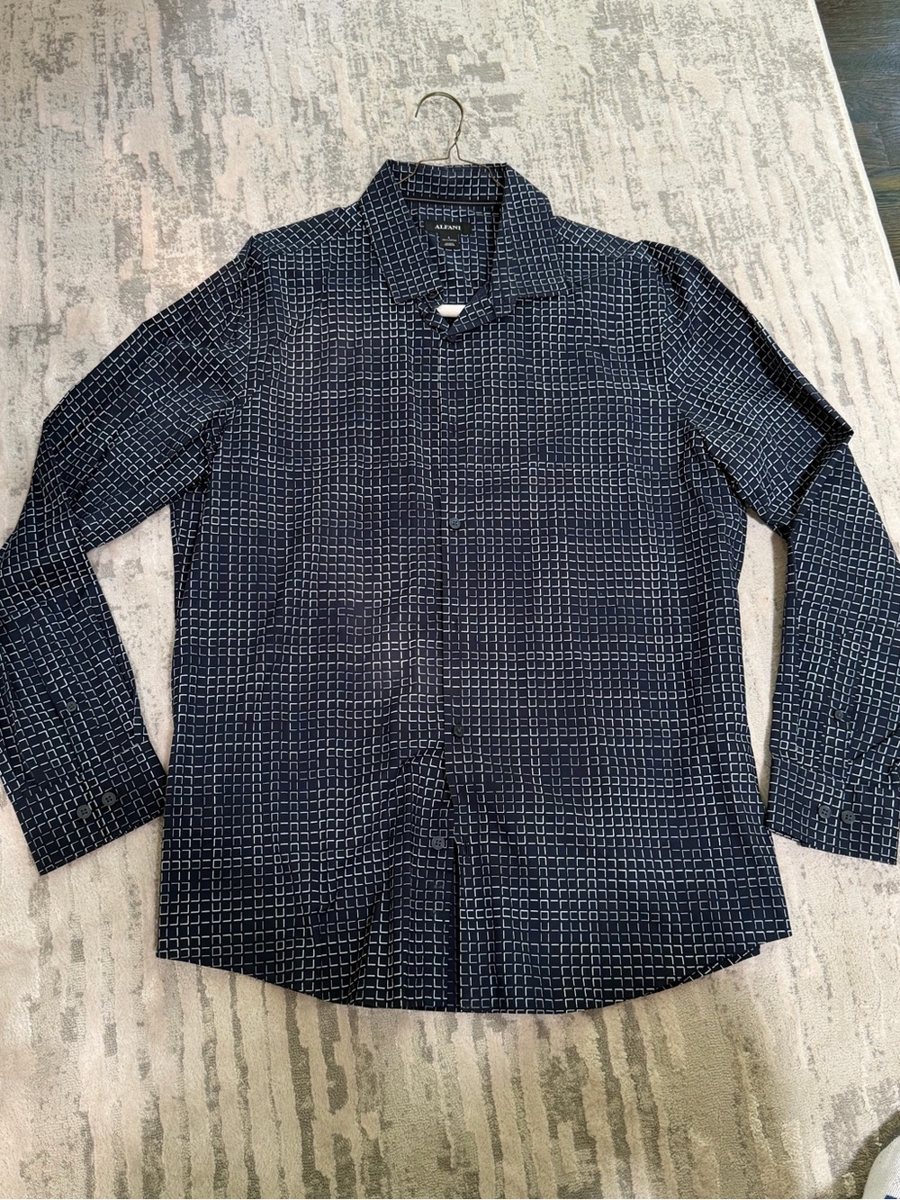 New Alfani Navy Button-Down Shirt with White Grid Print